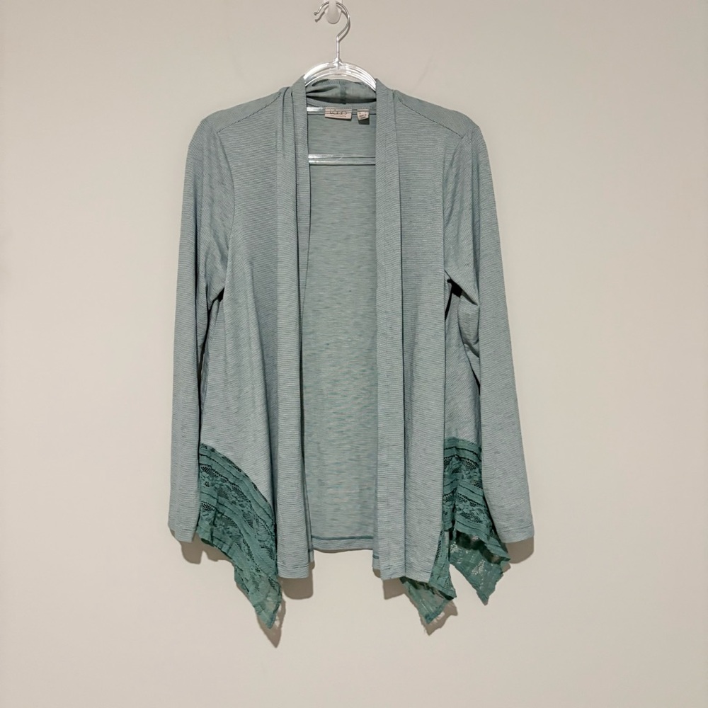 LOGO by Lori Goldstein stripe Lace Trim Tiered Ruffle Open Green Cardigan medium